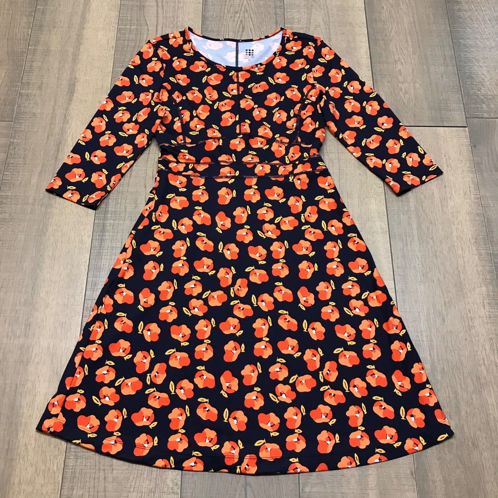 Title Nine Dress Womens Size S Buttah Midi Floral Navy Blue Poppy 3/4 Sleeve